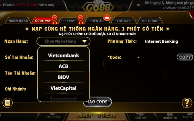 Cổng game Go88 - đổi tiền qua ATM